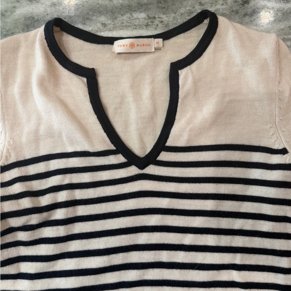 Tory Burch Merino Wool Cream and Navy Striped V-Neck Sweater - Picture 3 of 6
